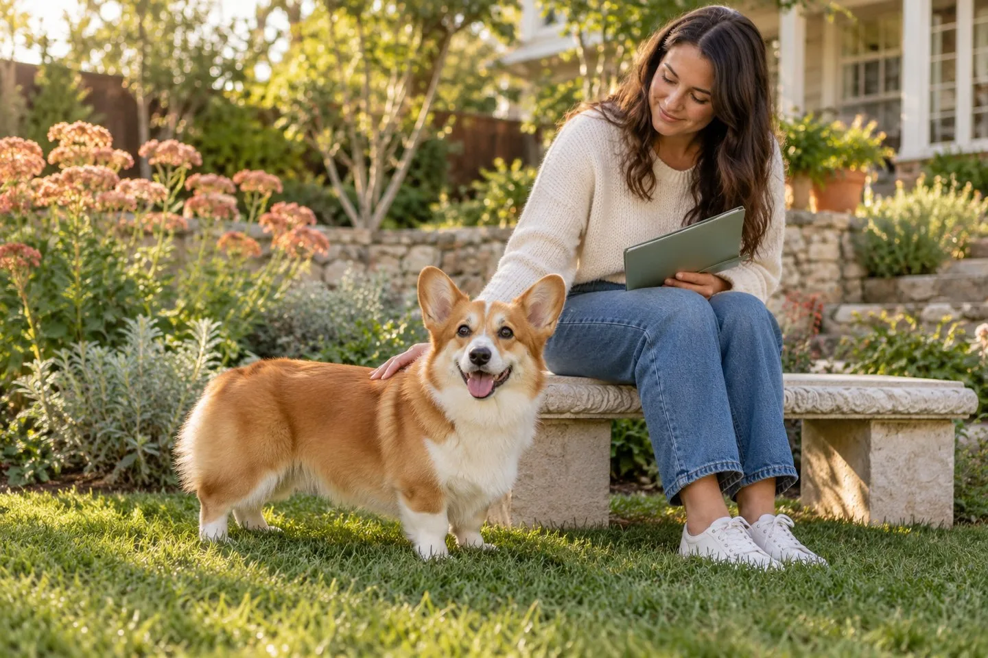 Owner sitting in a garden beside a red-and-white dog