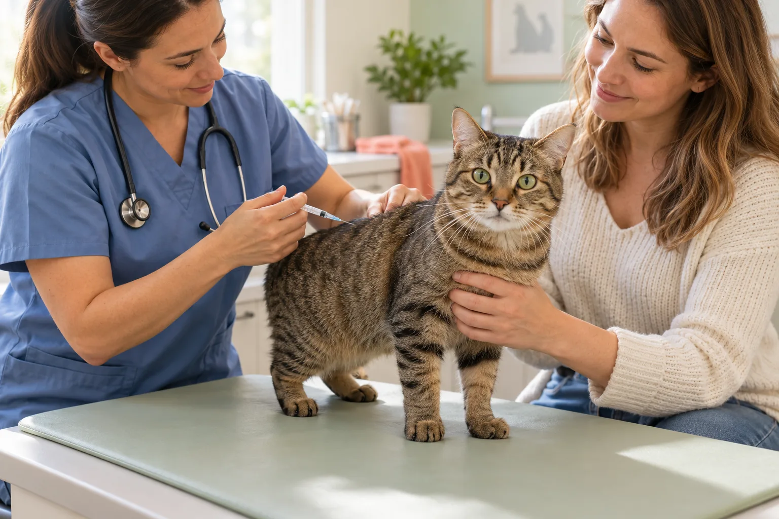 Veterinarian preparing to vaccinate a cat supported by its owner